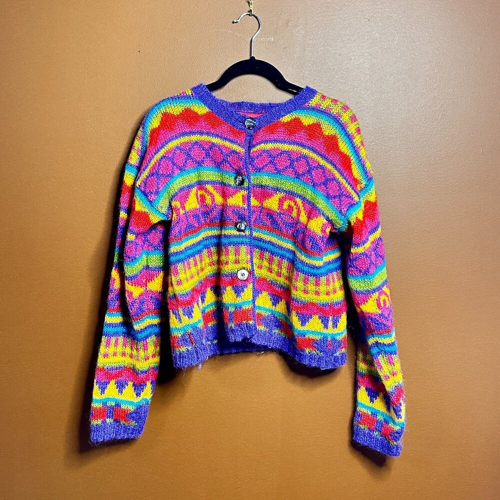Vintage 1980s One Step Up Colorful Mohair Blend Cardigan – Size Large